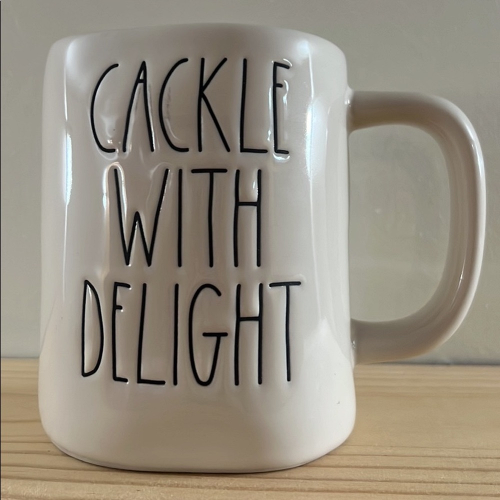 Rae Dunn White Mug with Black Lettering - "CACKLE WITH DELIGHT"